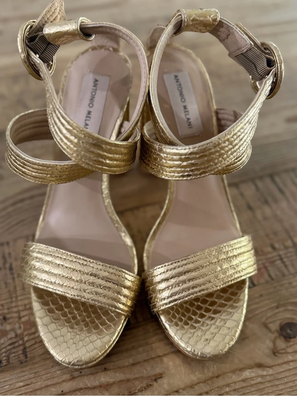 ANTONIO MELANI Metallic Gold Strappy Platform Heels